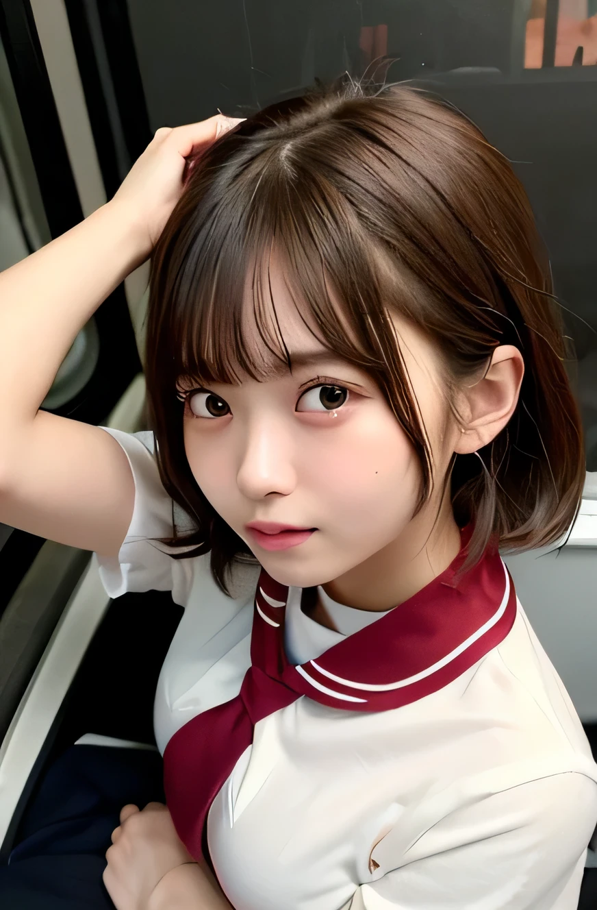 (8K, Best Quality, Raw photo),(masutepiece:1.4),(High resolution:1.4),ultra-detailliert,
1girl in, (japanese high School uniform with sailor collar:1.2), Sailor Uniform, red scarf, Night,(darkness,midNight,Moody lighting:1.4),
BREAK,1 nogizaka girl,Brown hair,Short hair, Wave hair,(School uniform:1.2),whiteshirt,Smile,(sleepy:1.2),(half undress:1.4),(1girl in open legs:1.2),Open mouth,
BREAK,(high-angle shot:1.4), Front view,Large breasts,on train,(On the train:1.2),Sweat,
