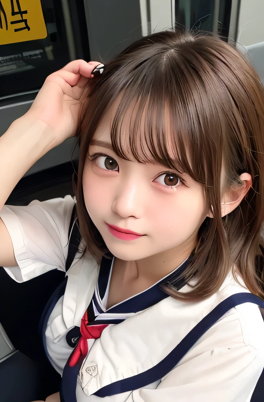 (8K, Best Quality, Raw photo),(masutepiece:1.4),(High resolution:1.4),ultra-detailliert,
1girl in, (japanese high School uniform with sailor collar:1.2), Sailor Uniform, red scarf, Night,(darkness,midNight,Moody lighting:1.4),
BREAK,1 nogizaka girl,Brown hair,Short hair, Wave hair,(School uniform:1.2),whiteshirt,Smile,(sleepy:1.2),(half undress:1.4),(1girl in open legs:1.2),Open mouth,
BREAK,(high-angle shot:1.4), Front view,Large breasts,on train,(On the train:1.2),Sweat,