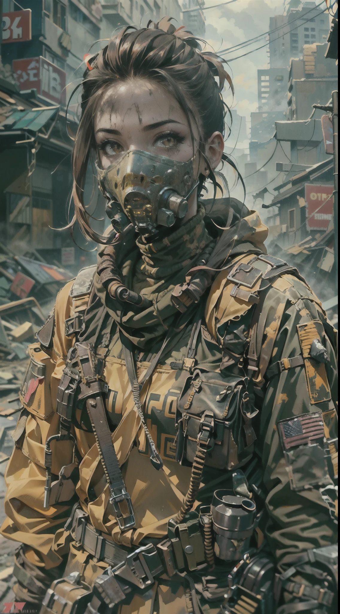 Close shot, front view,masterpiece, best quality, high resolution, rich details, 8k, extreme light and shadow,(full body image of a beautiful young woman,wearing yellow tactical gear), mask, dirty and dusty, walking down a desolated street in a collapsed city, post apocalypse, smoke and fog in the air, gray sky covered with toxic cloud, collapsed building, broken street, tall body, detailed face, detailed eye, cold face, dirty, (post apocalypse theme),