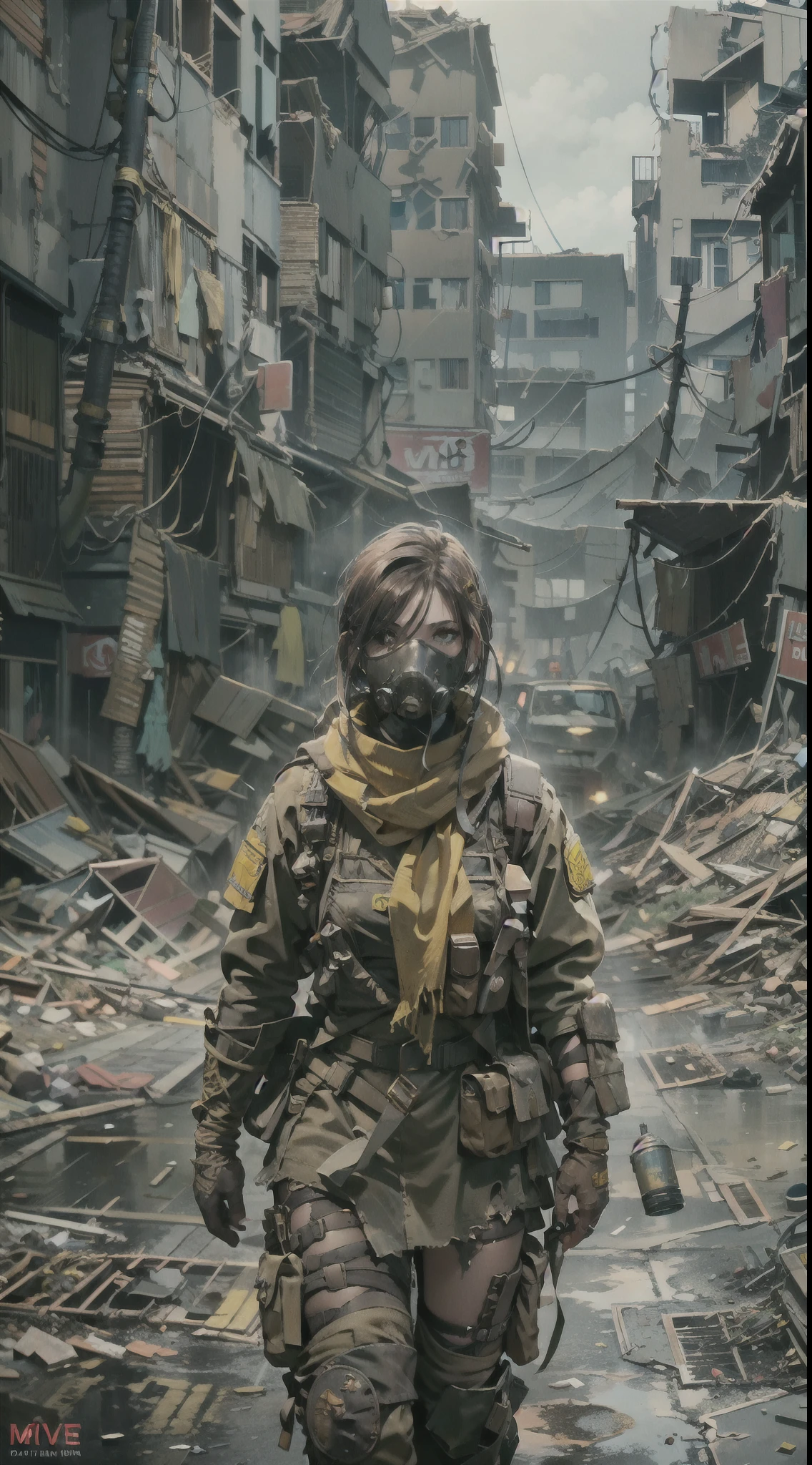 Close shot, front view,masterpiece, best quality, high resolution, rich details, 8k, extreme light and shadow,(full body image of a beautiful young woman,wearing yellow tactical gear), mask, dirty and dusty, walking down a desolated street in a collapsed city, post apocalypse, smoke and fog in the air, gray sky covered with toxic cloud, collapsed building, broken street, tall body, detailed face, detailed eye, cold face, dirty, (post apocalypse theme),