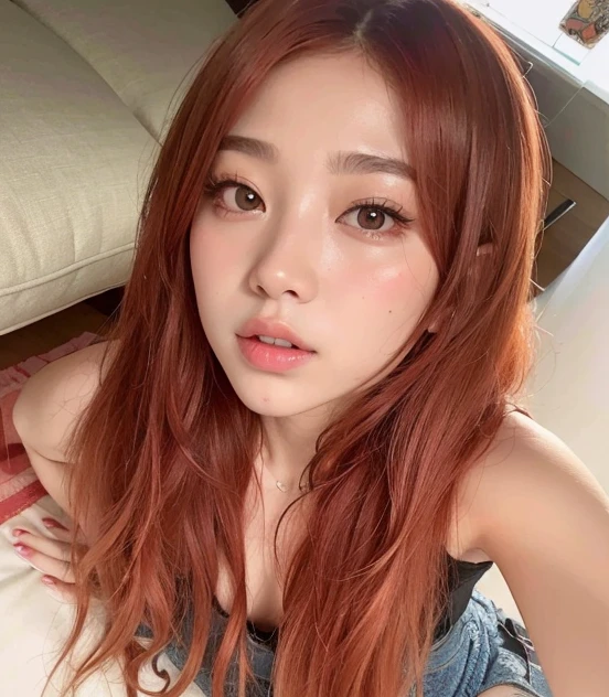 un primer plano de una mujer pelirroja y un vestido de mezclilla, Sun Yunjoo, Ella tiene el pelo largo redorange, Jossi de Blackpink, Heonhwa Choe, she has long orange brown hair, dilraba dilmurat, Lalisa Manobal, Parque Roseanne de Blackpink, Parque Ji-min, Xintong Chen, Ella tiene el pelo rojo