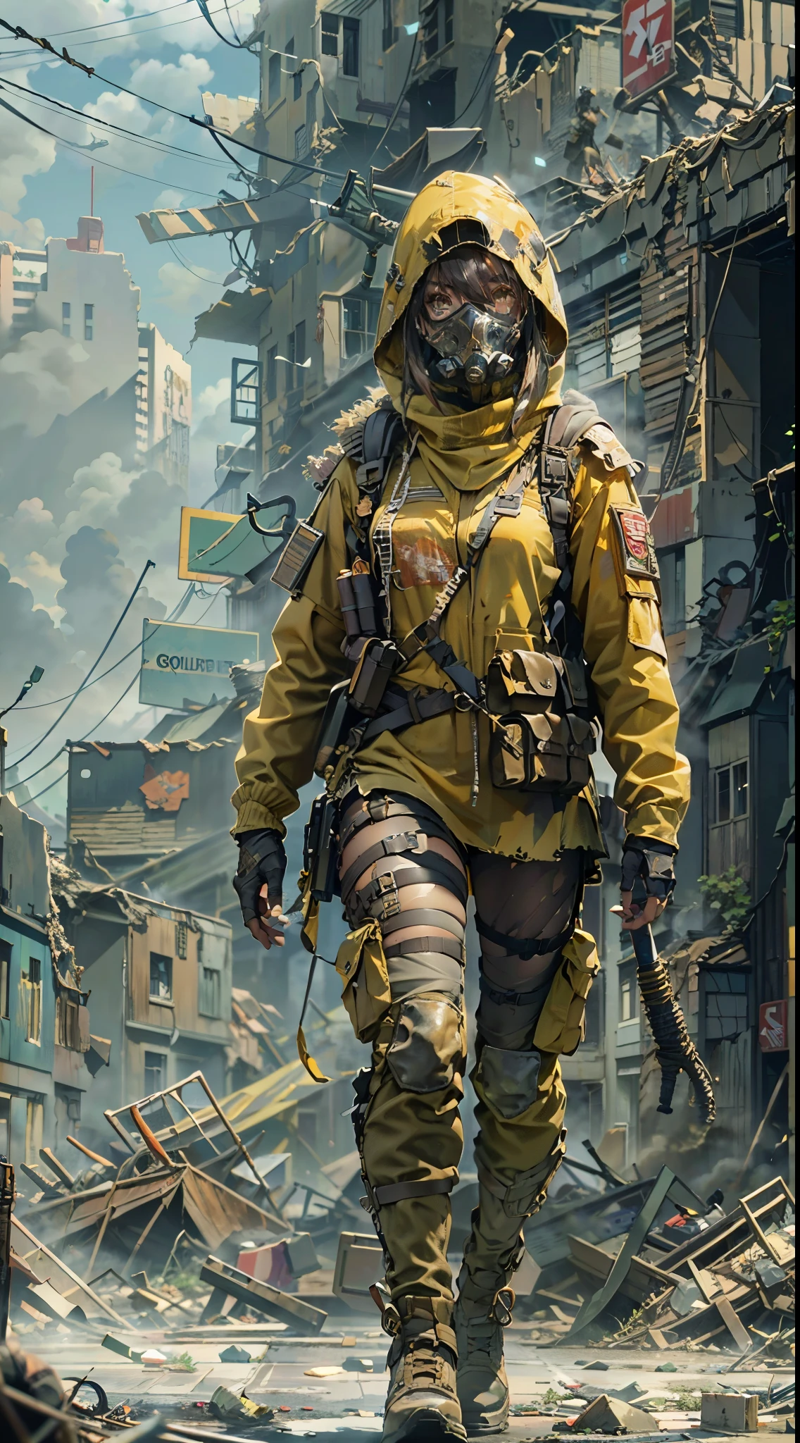 Close shot, front view,masterpiece, best quality, high resolution, rich details, 8k, extreme light and shadow,(full body image of a beautiful young woman,wearing yellow tactical gear), mask, dirty and dusty, walking down a desolated street in a collapsed city, post apocalypse, smoke and fog in the air, gray sky covered with toxic cloud, collapsed building, broken street, tall body, detailed face, detailed eye, cold face, dirty, (post apocalypse theme),