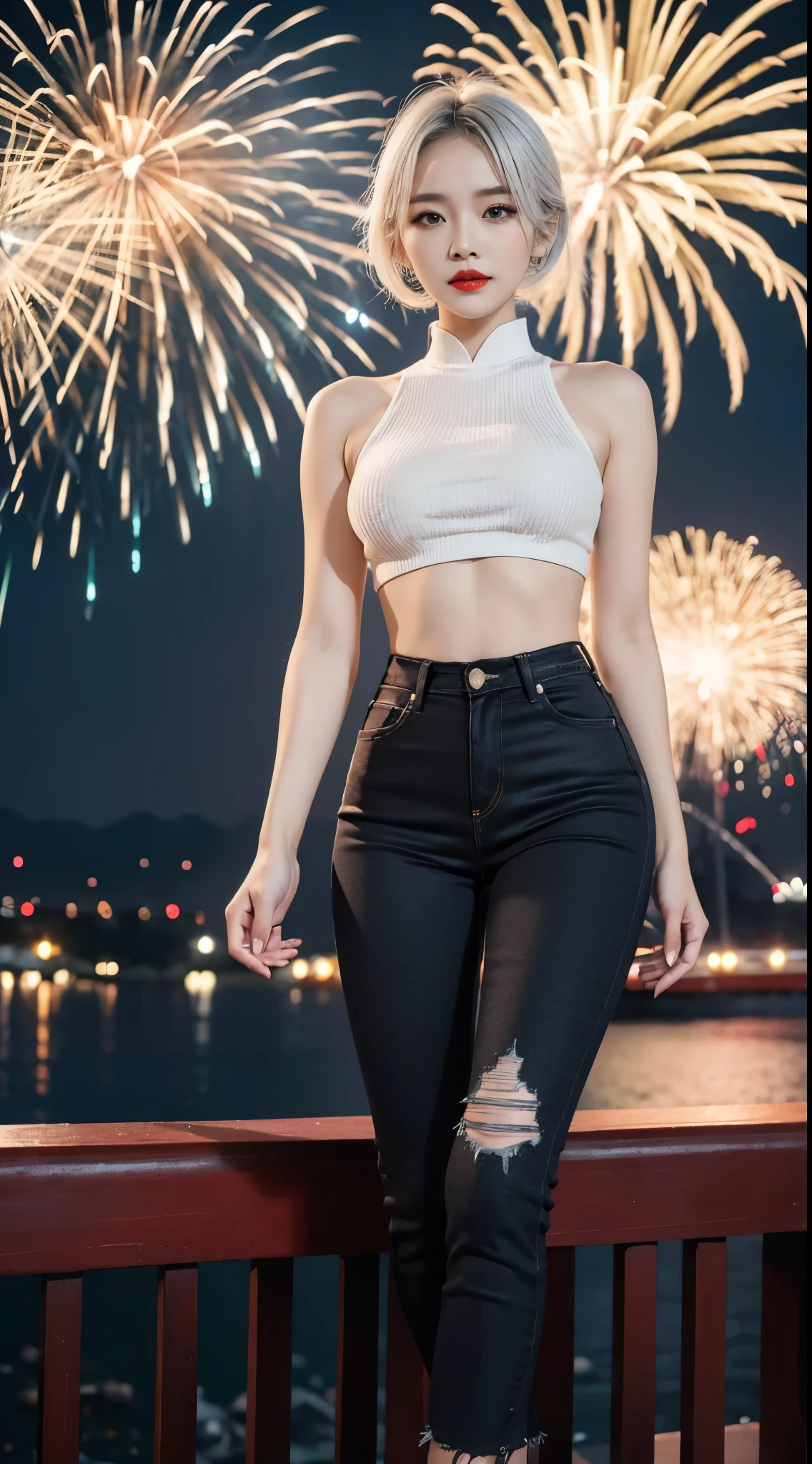 8K, top quality, masterpiece, high definition, ultra high definition, 1 girl, 18 years old, (wearing white vacuum fluoroscopy uniform: 1.5), white mini skirt, wet white underwear, solo, (full body), (brown hair), (spread legs), black eyes, beautiful and delicate eyes, delicate skin, slim body, big breasts, thin thighs, feet in leather boots, fireworks background, (front), looking up into the lens, lower abdomen, background blur, Focus on depth of field