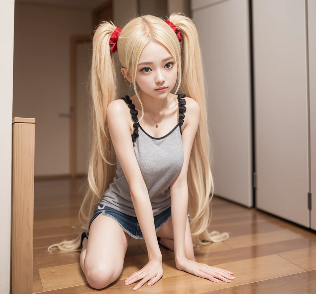 （8K、Raw photography、top-quality、​masterpiece：1.2),Bullish,Muchimuchi,Erotic,masterpiece,top-quality、超A high resolution,Raw photo,ren,Beautiful fece,One Person, 独奏,blonde_hair, blue eyes, twintails, very_long_hair, hair_ornament red, hair_scrunchie red, big_breasts,akizuki airi, blonde_hair, blue eyes, twintails, very_long_hair, hair_ornament red, hair_scrunchie red, big_breasts, fullllbody,（Photorealsitic：1.37）、Photon mapping,Realistic、Cute little face、Radio City、Physically Based Rendering、Foreground、depth of fields、Blurry background、a picture,The girls、Body,beauty legs, Long legs, Thin leg,