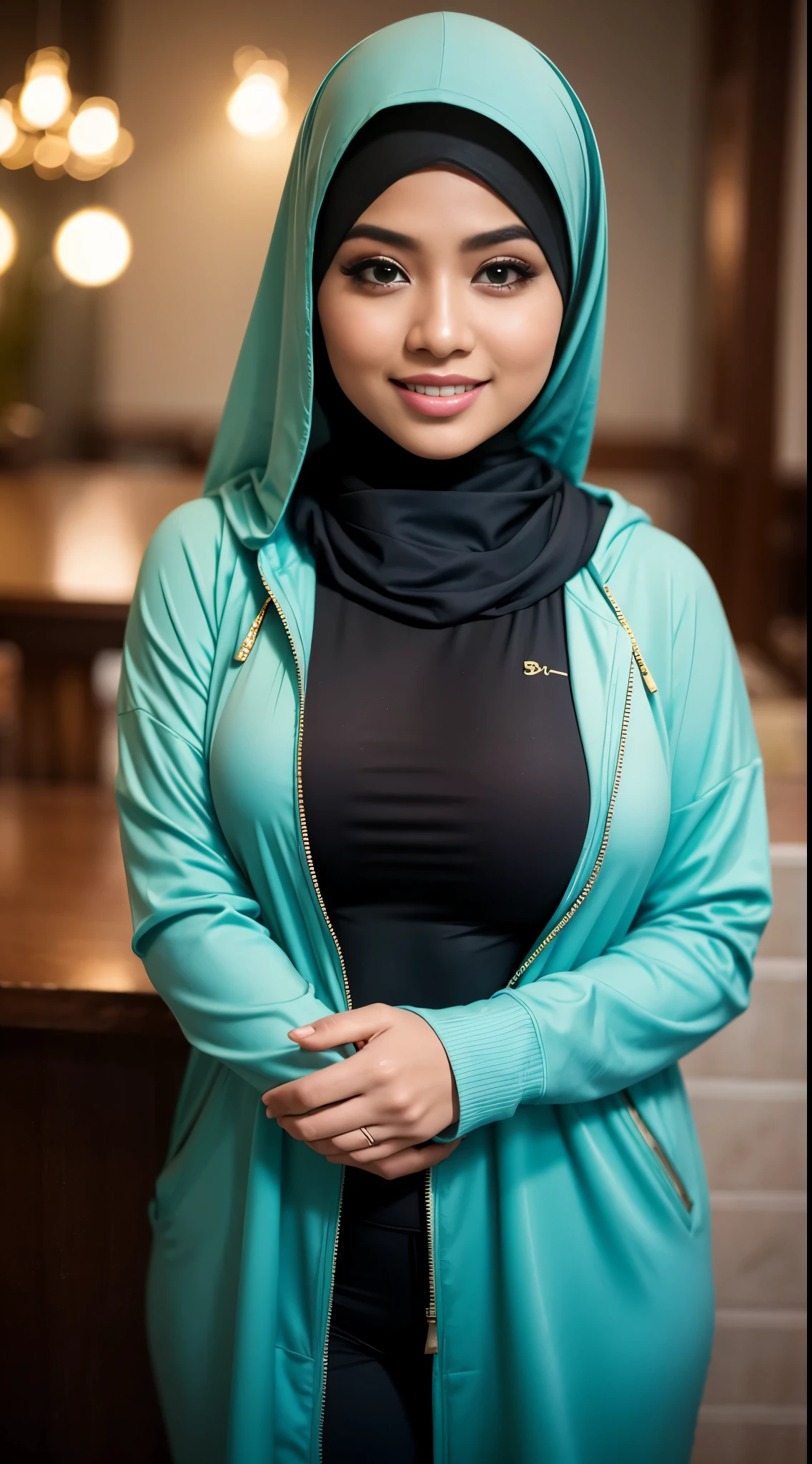 (close up),RAW, Best quality, high resolution, work: 1.3, beautiful Malay woman in hijab, beautiful big eyes, perfect fit body, smiling, beautiful face, shiny lips, soft smile, watery eyes, big breasts, thick thighs, woman wearing black green hodie and pants, hodie, , light blue neoprene, clothes, perfect lighting, background bokeh,