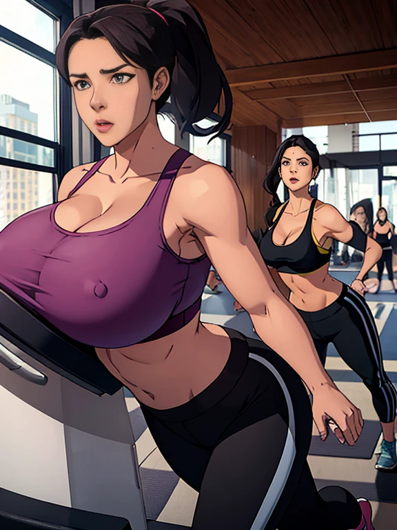 a woman in a gym, huge breasts, sports bra, yoga pants, gigantic breasts, bursting breasts, big butt, running on treadmill, nipples, breasts exposed, she is holding her breasts