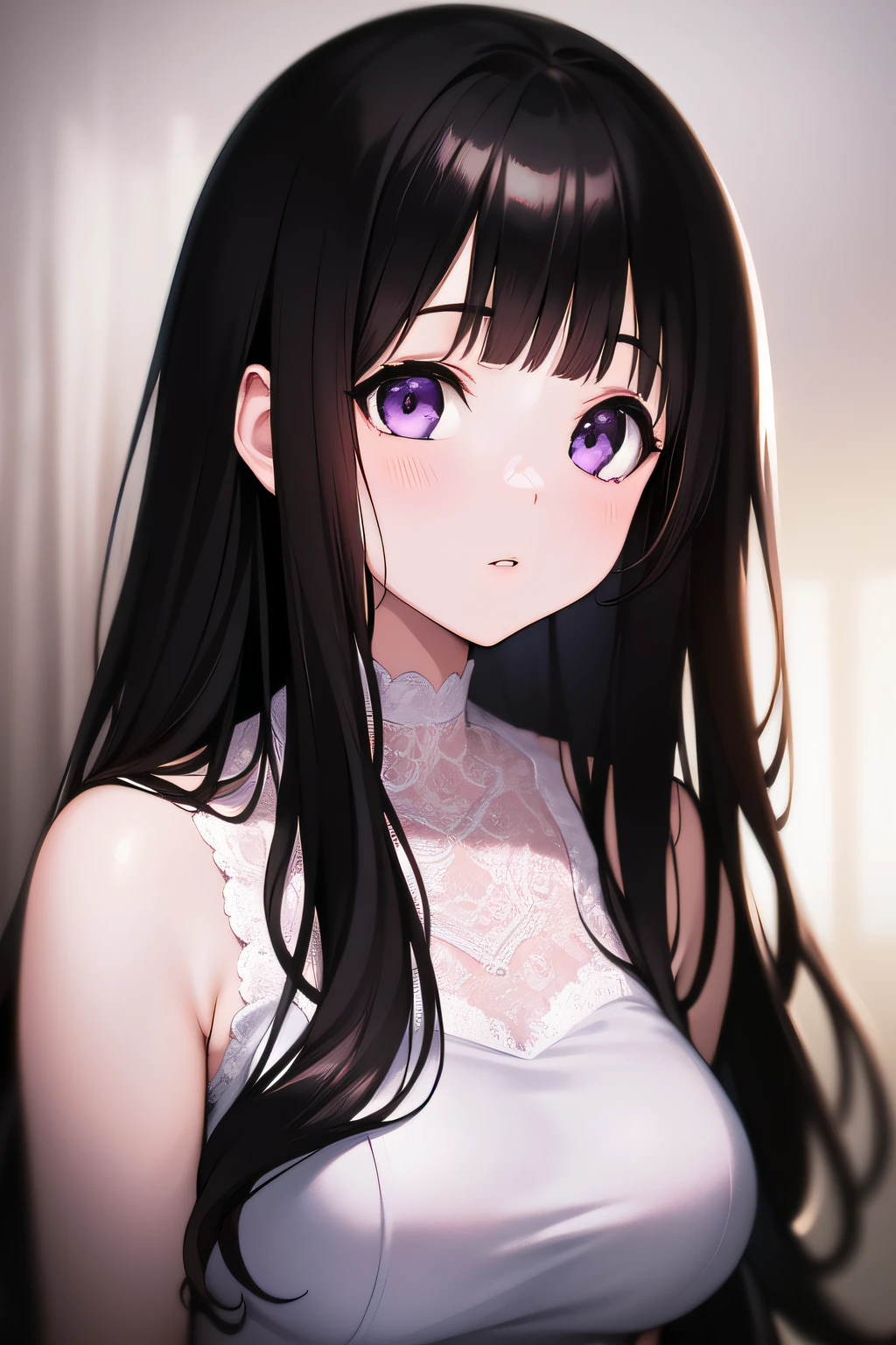 The stunning Chitanda Eru, a purple eye, cabelos preto e longos, naturally straight hair, straight bangs, Alone, ((idoly)), ((photo shot)), an extremely delicate, Straight facial features, Peerless beautiful girl, The soft, (), (kawaii), Fantastic quality, light white and dark brown, exaggerated facial features, solidcolor, frank holly, s delicate face, Bright lips open slightly, big breasts thin waist, The soft curves, True light and shadow, Super fine, 4K, Moving Naturally, 超高分辨率, (tmasterpiece:1.2, Best quality at best), (Delicate and beautiful eyes: 1.2), (beautiful  detailed face)