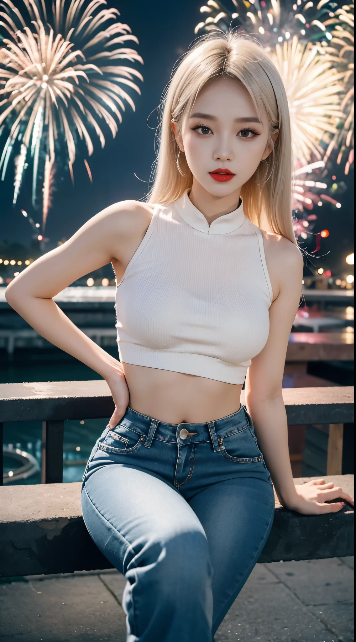 Beautiful Girl, Korean makeup, Platinum hair, thigh, Red lips, crop top, quần thigh jean bó sat, black pants, cảnh quang bên sông, fireworks,