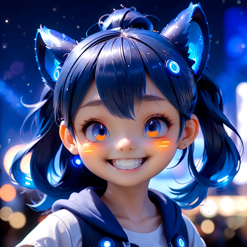 (closeup of face: 1.8), 3D character rendering,((1 girl,Blue double ponytail,Laugh)),((Hairstyling design:Brilliant deep blue,添加一些with light glowing的元素头饰,Such as orange photoelectric glasses or head-mounted displayacial design:在面部装饰上添加一些with light glowing线条或橙色 LED 灯光效果,Laugh,grin face,Highlight the image of future warrior)),((starryskybackground)), (Perspectives, first person perspective, Ghibli-style colors, with light glowing, 电影灯光, hyper HD, tmasterpiece, acurate, Anatomically correct, ctextured skin, super detailing, high detal, high qulity, Award-Awarded, Best quality at best, 8k), Pop Mart blind box, 3 Rendering