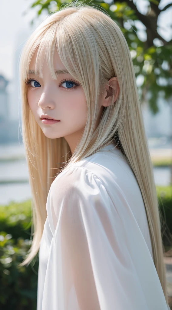 浅笑、natta、Raw photography、(((Portrait of extreme beauty)))、((glistning skin))、1人、11 autiful girl in Prague、((Bright platinum blonde hair))、[blue eyess]、Glossy glossy skin、Silky Super Long Straight Hair、eye liner、Long bangs、Hair between the eyes、Fluttering hair、((​masterpiece、最hightquality、ultra-detailliert、Film Light、intricate-detail、hight resolution、8K、ighly detailed))、细致背景、8K UHD、Digital SLR、Soft light、hightquality、Film grain、富士XT3 、The depth of field is shallow、natural soft light、（No hands）、Kamimei、Sareme、
