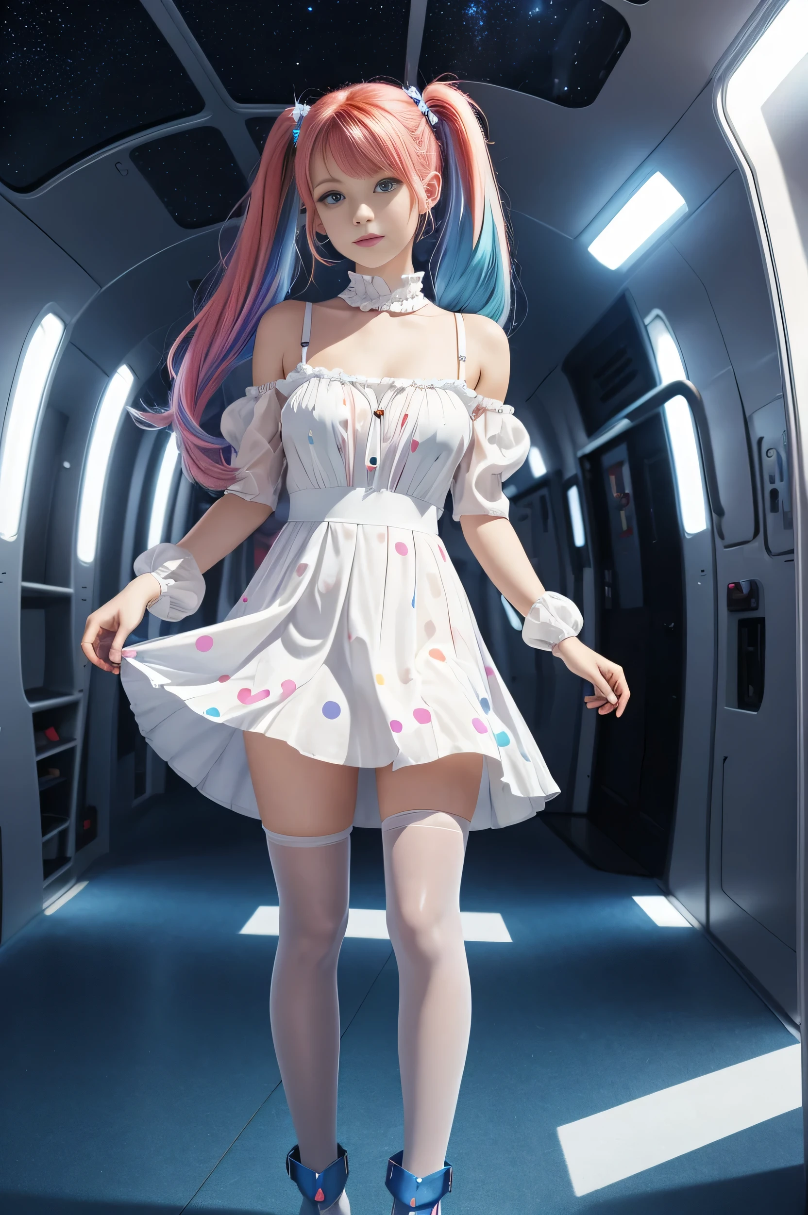 Cute redhead, gravure Idol, with rainbow colored hair tips, ribbons in her hair, 18-year-old woman, happy, in twin tails, perfect symmetrical eyes, clear sparkling blue eyes, pale skin, silky smooth skin, standing on a fancy luxurious space ship, large futuristic corridor, control panels, wood trim, decorative plants, warm lighting, wearing a futuristic dress, pleated (chemise) mini dress (pastel rainbow colors, and polka dots), wearing full body pantyhose, cute short cut booties.
