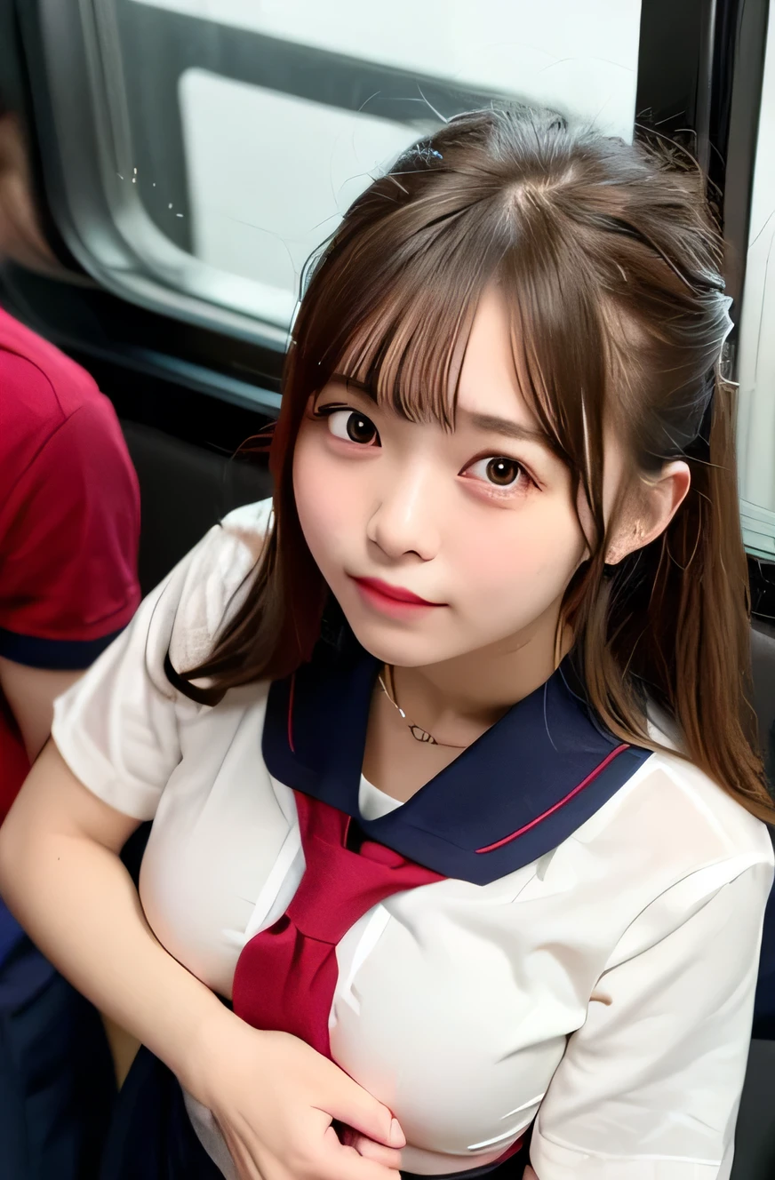 (8K, Best Quality, Raw photo),(masutepiece:1.4),(High resolution:1.4),ultra-detailliert,
1girl in, (japanese high School uniform with sailor collar:1.2), Sailor Uniform, red scarf, Night,(darkness,midNight,Moody lighting:1.4),
BREAK,1 nogizaka girl,Brown hair,Short hair, Wave hair,(School uniform:1.2),whiteshirt,Smile,(sleepy:1.2),(half undress:1.4),(1girl in open legs:1.2),Open mouth,
BREAK,(high-angle shot:1.4), Front view,Large breasts,on train,(On the train:1.2),Sweat,