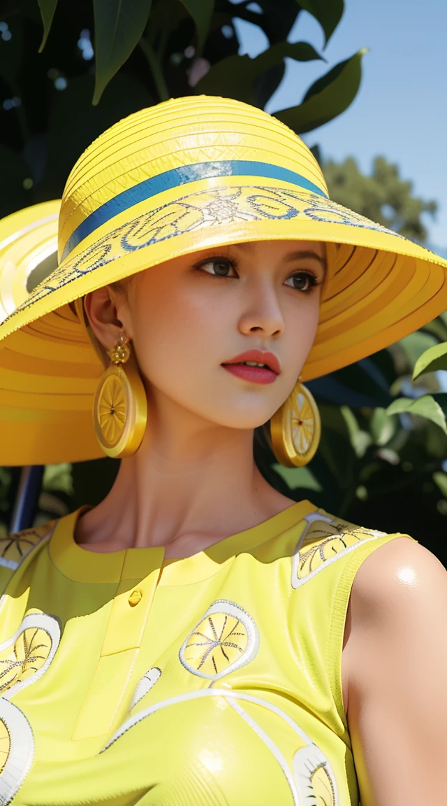 masterpiece, ((ultra detailed background, delicate pattern, intricate detail)), (highly detailed, fine detailest quality, beautiful lighting, slim girl)), MissValentine, 1girl, solo, blonde hair, jewelry, earrings, short hair, yellow dress, gloves, umbrella, (yellow hat), blue eyes, complex detailed background, blue sky, grass, trees, nature environment, (close-up, portrait),