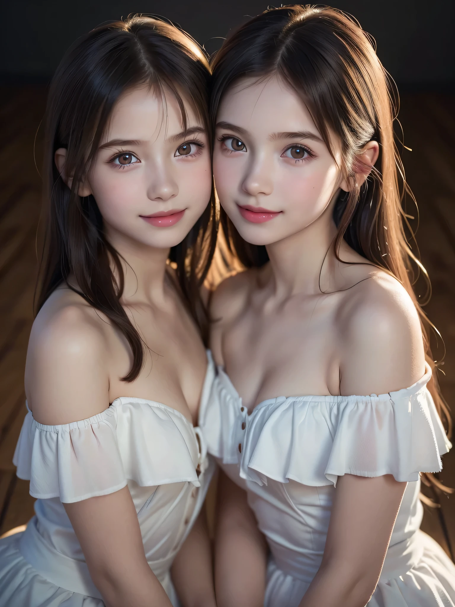 ((2 s:1.3)), (Ultra Realistic, hight resolution), (Highly detailed eyes, Highly detailed hair, Highly detailed face, Highly detailed plump lips), (off shoulder with open breasts), breasts, Upper body, Search Smile, (Best Quality:1.4), Raw photo, (Realistic, photo-Realistic:1.37), Professional Photography, Cinematic Light, (Fine face: 1.2), (View from above),