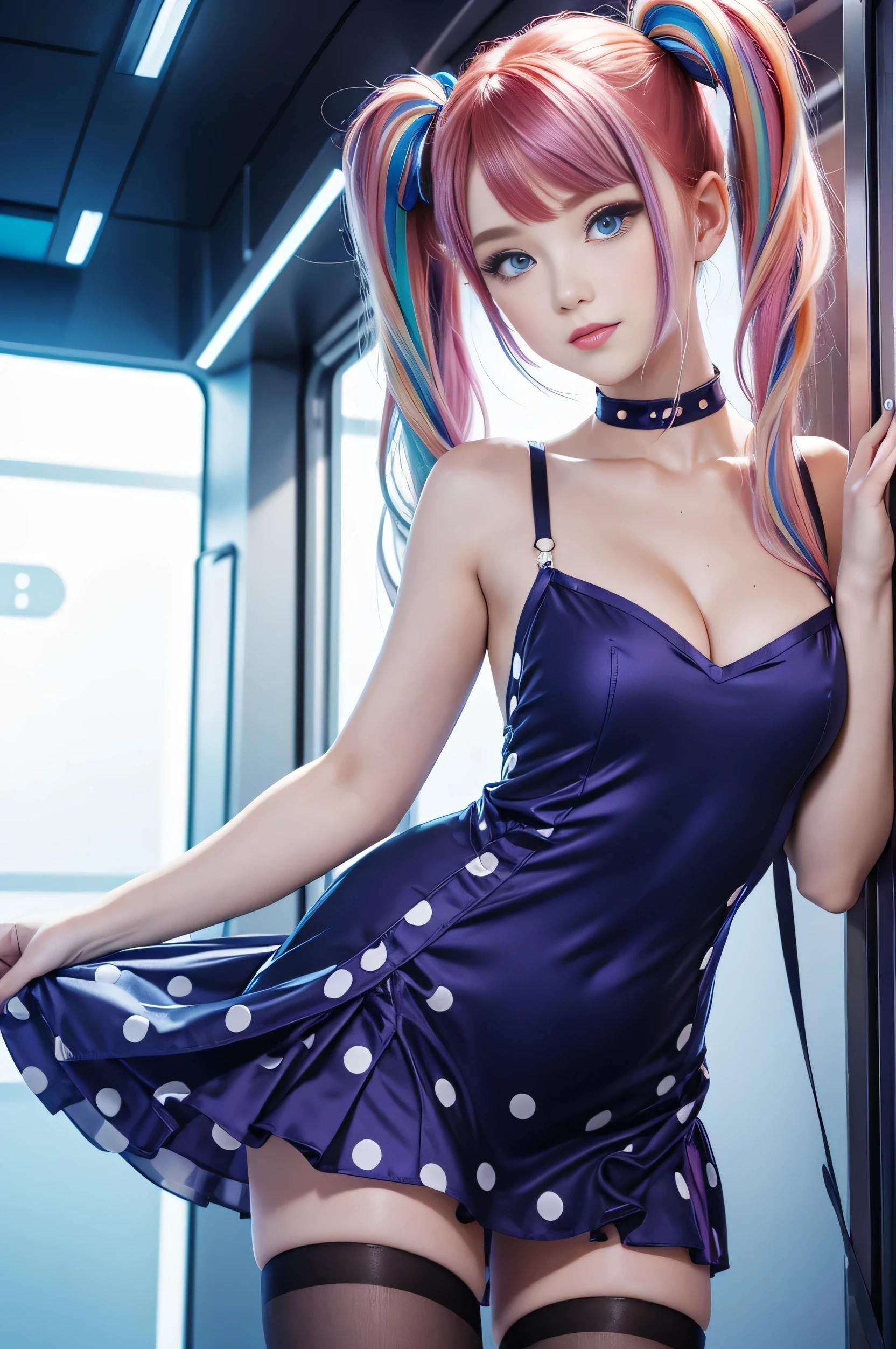 Cute redhead with rainbow colored hair tips, ribbons in her hair, 18-year-old woman, happy, in twin tails, perfect eyes, clear sparkling blue eyes, pale skin, silky smooth skin, standing on a fancy metal luxurious space ship, futuristic corridor, dark warm lighting, wearing a futuristic party dress, pleated (chemise) mini dress (pastel rainbow colors, and polka dots), wearing full body pantyhose, cute short cut booties.