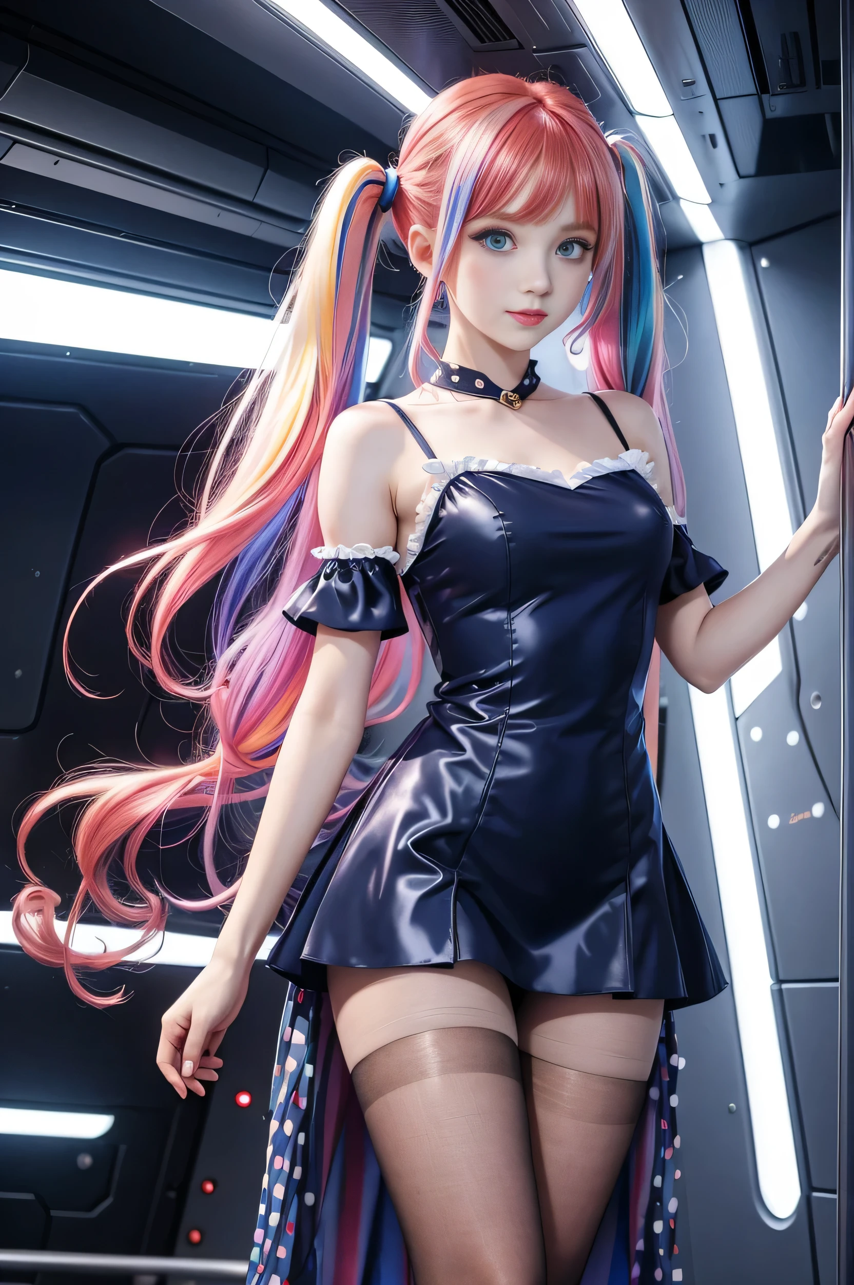 Cute redhead with rainbow colored hair tips, ribbons in her hair, 18-year-old woman, happy, in twin tails, perfect eyes, clear sparkling blue eyes, pale skin, silky smooth skin, standing on a fancy metal luxurious space ship, futuristic corridor, dark warm lighting, wearing a futuristic party dress, pleated (chemise) mini dress (pastel rainbow colors, and polka dots), wearing full body pantyhose, cute short cut booties.