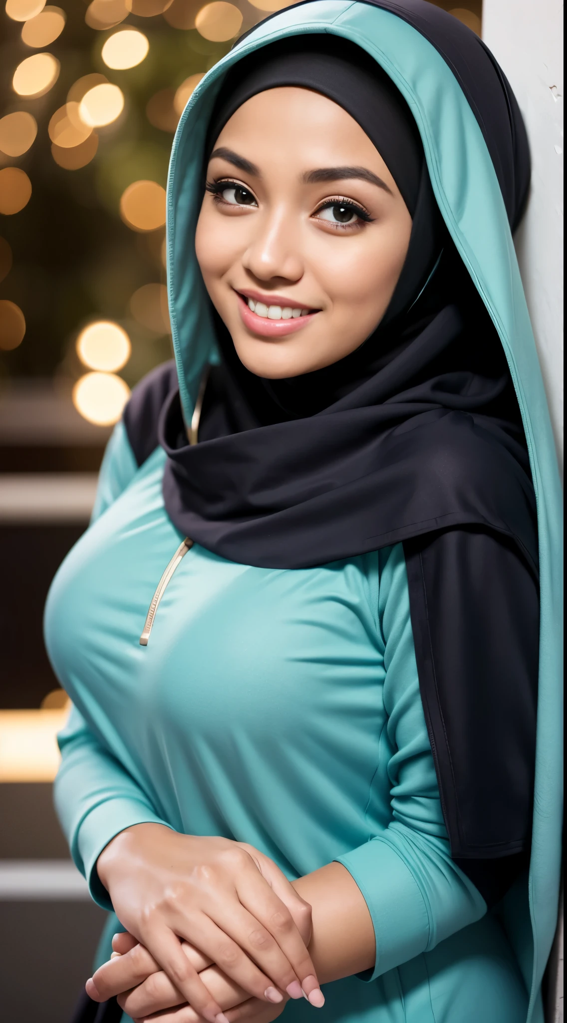 (close up),RAW, Best quality, high resolution, work: 1.3, beautiful Malay woman in hijab, beautiful big eyes, perfect fit body, smiling, beautiful face, shiny lips, soft smile, watery eyes, big breasts, thick thighs, woman wearing black green hodie and pants, hodie, , light blue neoprene, clothes, perfect lighting, background bokeh,