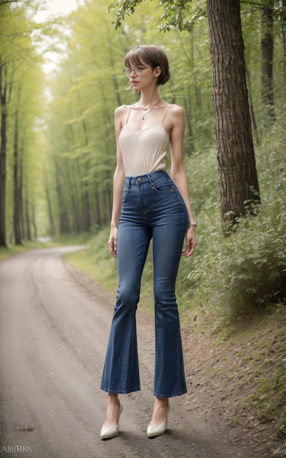 (8K, Masterpiece, RAW photo, Best quality, detail:1.3), (ultra realistic Natural background, scenary:1.5), Depth of field, Cinematic light, (ultra realistic face), (1 picture of 1 solo girl Airim Jones:1.6), 1girl, (Beautiful and elegant Russian girl), (skinny girl with glasses), (European face:1.3), (perfect complete full body:1.6), (full body shot including shoes:1.6), (perfect [frontal view|side profile|back profile]:1.5), (small necklace, collarbone:1.1), ( [bangs|pigtails|bob|pixie] hair:1.5), (ultra detailed skin:1.4), (sexy red minitop:1.5), (soft fabric miniTop:1.5), (Wide-Leg Culotte Jeans:1.6), (perfect standing pose:1.5), (perfect long legs:1.35), (low rise jeans:1.5), (low waisted jeans:1.5), (perfect shoes:1.5), (perfect feet:1.5), (perfect oriented feet:1.4)