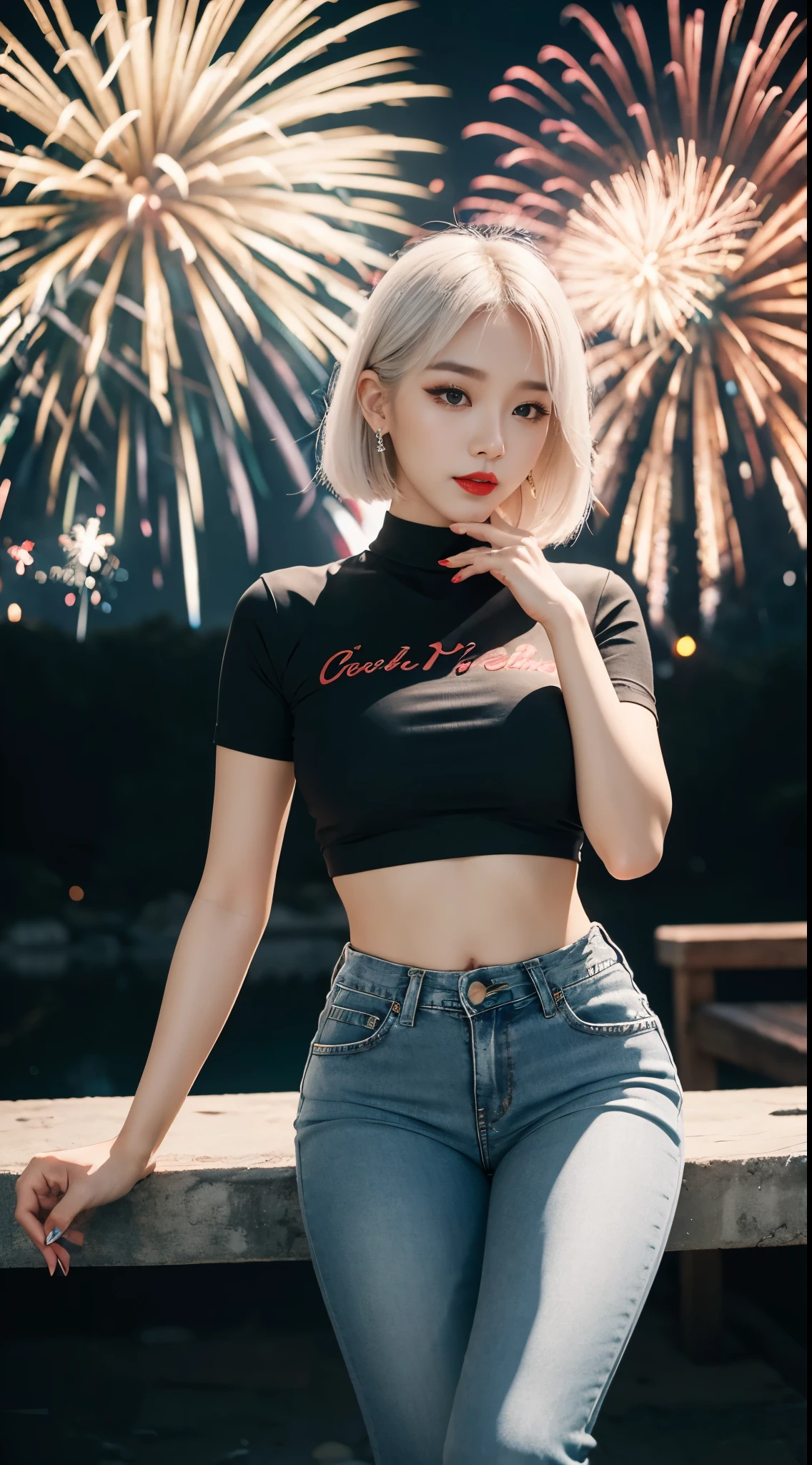 Beautiful Girl, Korean makeup, Platinum hair, thigh, Red lips, crop top, quần thigh jean bó sat, black pants, cảnh quang bên sông, fireworks,