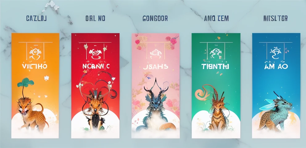 there are four banners with cute dragon animals and vietnamese words on them, 1128x291 resolution, full card design, banners,  illustration, dragon theme banner, 🐝👗👾, detailed image, very design, ao dai, by Master MS, (mist), tarot card design, detailed illustration, full - view,