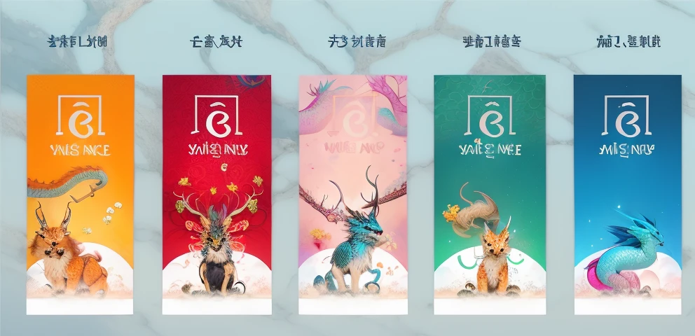 there are four banners with cute dragon animals and vietnamese words on them, 1128x291 resolution, full card design, banners, illustration, dragon theme banner, 🐝👗👾, detailed image, very design, ao dai, by Master MS, (mist), tarot card design, detailed illustration, full - view,