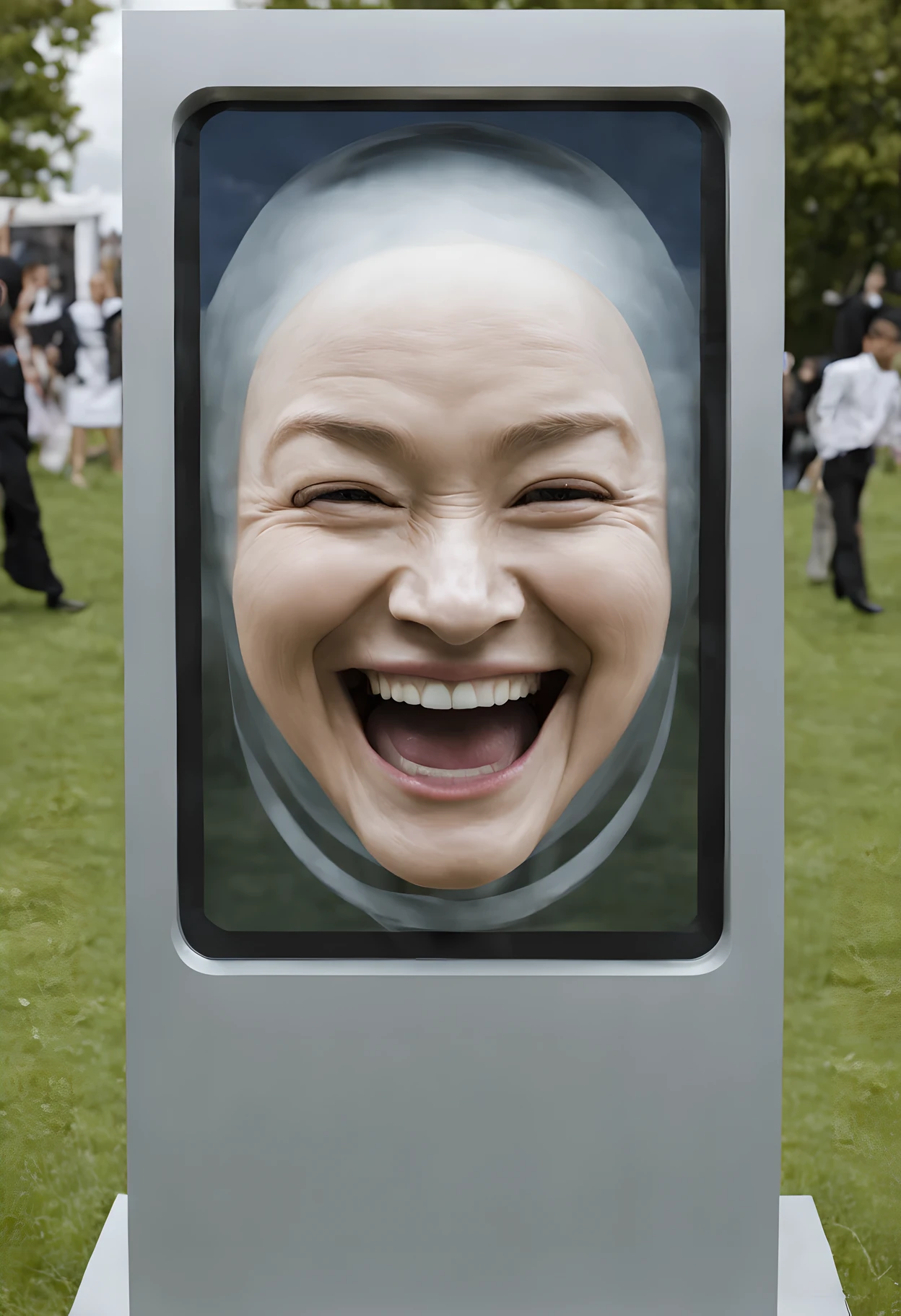 futuristic doll robot, show a smiling face,
