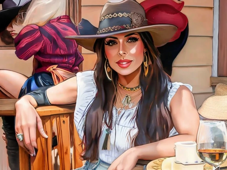 Araffe woman sitting at a table with a glass of wine, 🤠 usando um 🖥, Senhora bonita, with hat, Marischa Becker, Vaqueira, fernanda suarez, wearing a chocker and cute hat, She is wearing a hat, wearing a cowboy hat, linda senhora, espiral, wearing cowboy hat, wearing a straw hat and overalls