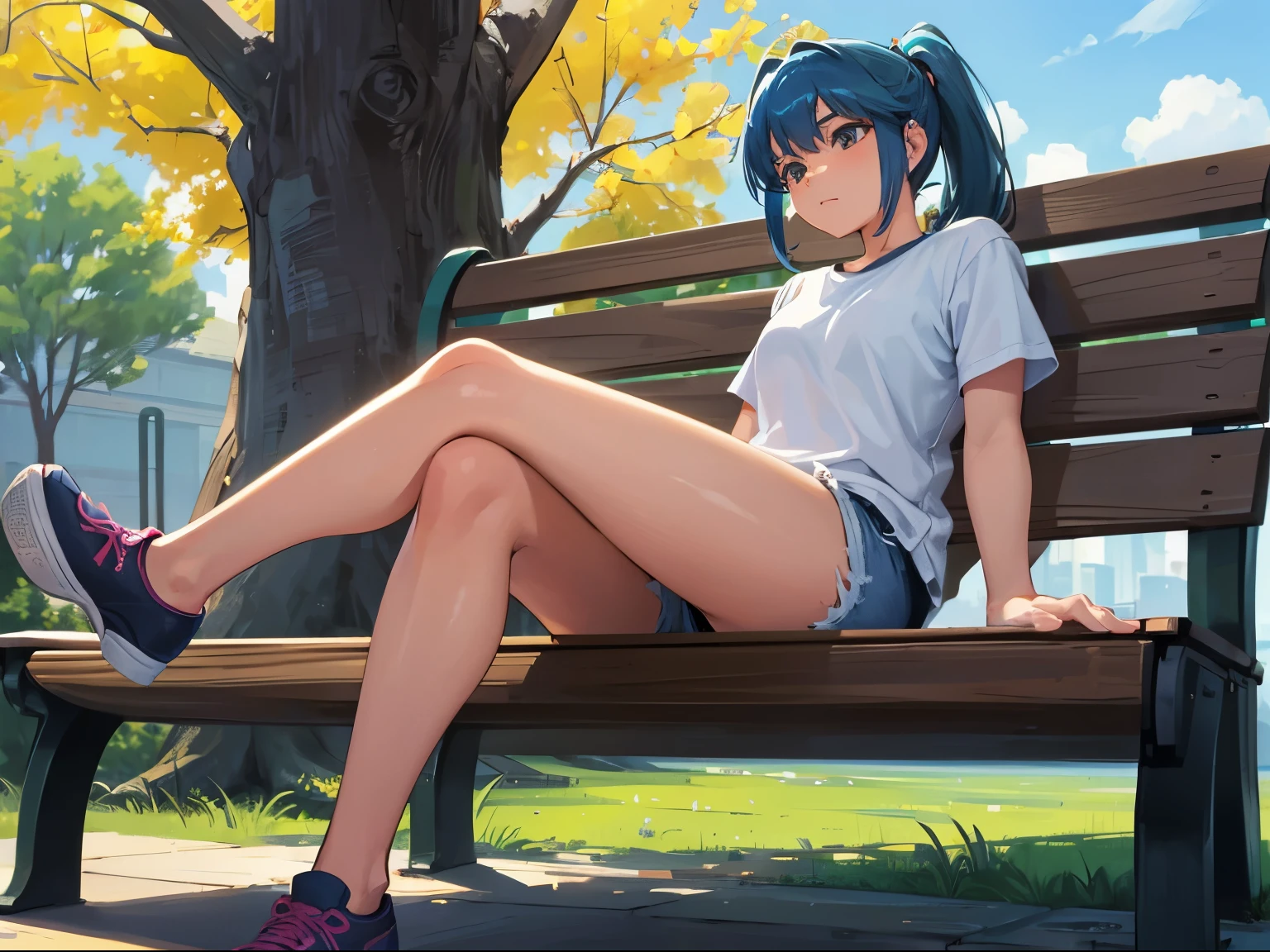 chilling on a bench, tomboy, ponytail, short shorts, short jeans for women, relaxing, park, blue hair, masculine position, sole female
