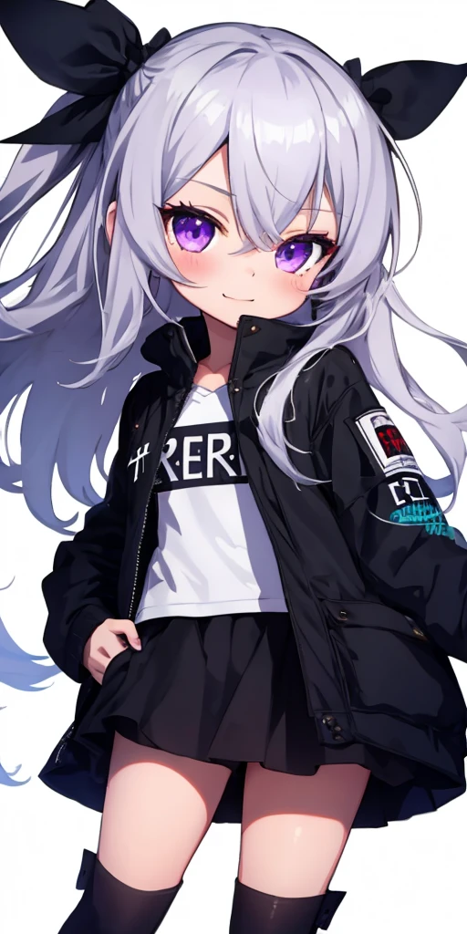 1girl, long hair, pc_chan,  chibi:1.5, silver hair,  purple eyes, dark skin, white background,  (full body:1.2),  (mischievous:1.2),