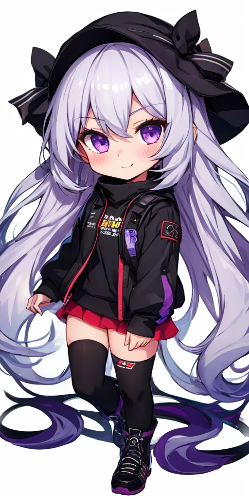 1girl, long hair, pc_chan,  chibi:1.5, silver hair,  purple eyes, dark skin, white background,  (full body:1.2),  (mischievous:1.2),