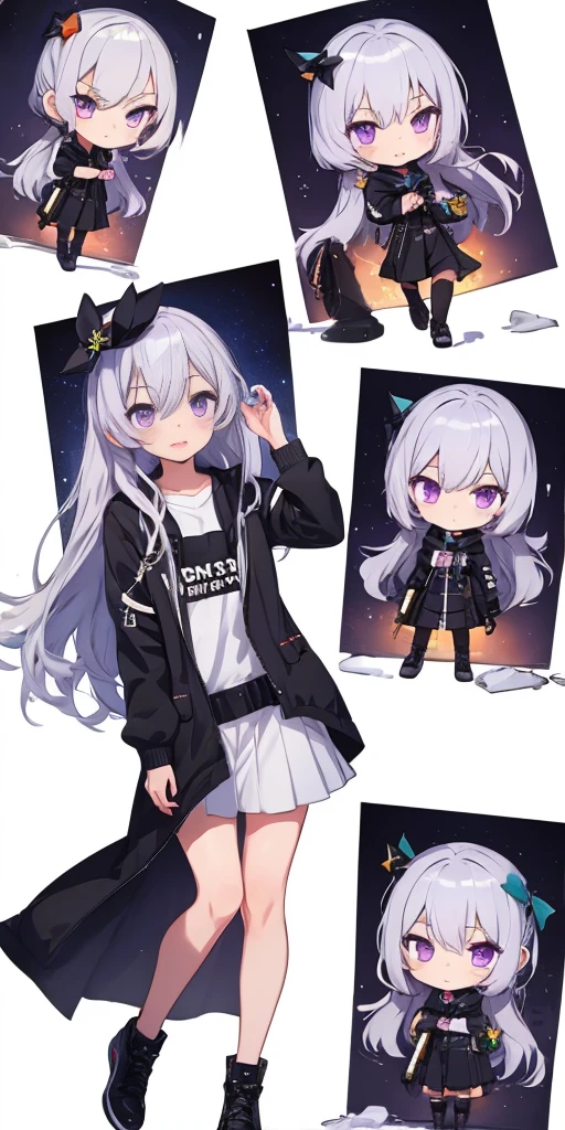 1girl, long hair, pc_chan,  chibi:1.5, silver hair,  purple eyes, dark skin, white background,  (full body:1.2),  (mischievous:1.2),