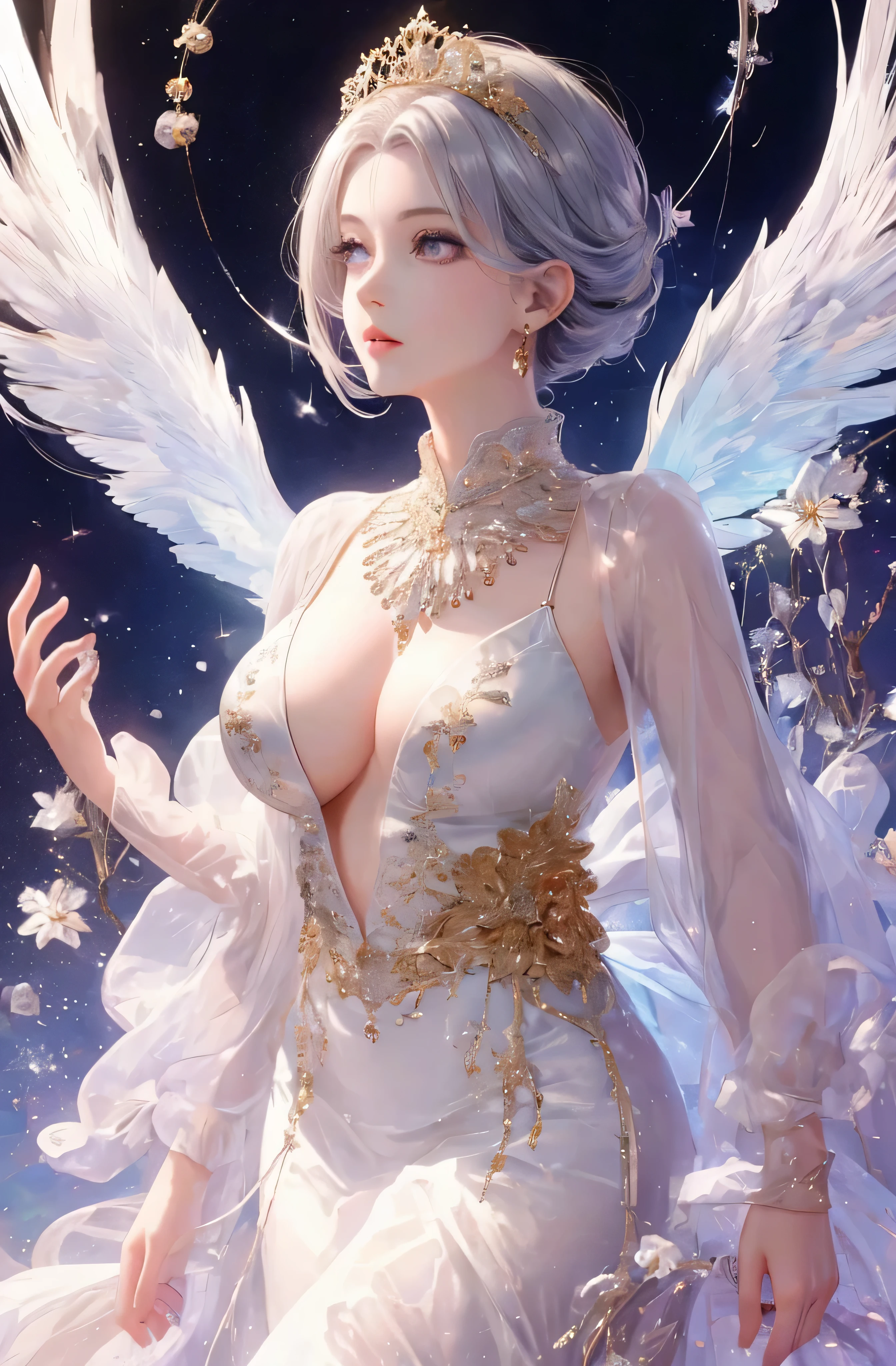 Castle in the distance、The face is front、Looking at the camera、profile、8K、realphoto、超A high resolution, Master Parts, Best Quality, nffsw , cinematic images,Lovely girl、ann、16 only、annグロサクソン、二重まぶた、drooing eyes、Very big eyes、Eyes purple、Dark eye shadow、The lips are very thin、The tip of the nose stretches beautifully..........................、small nostrils,,,,, ighly detailed , Silver hair、Straight short hair、ssmile、 Sweet look 、a very beautiful woman、legs are long、Very clear shadows , jewely、, A detailed eye, very intricate, shiny skins , パーフェクトブリリannト, Perfect Lighting, Dramatic shadows、White tiara on head、Gold necklace around the neck、White aristocratic dress with gold embroidery、Glass High Heels、Angel White Wings