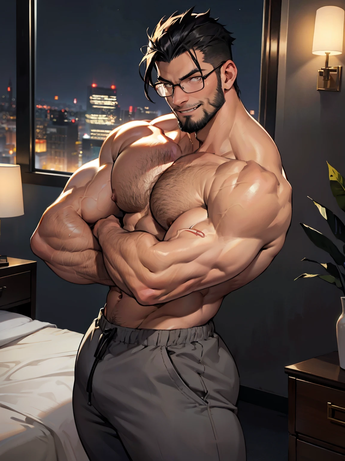 muscular man, werewolf, wolfish features, fangs, wolf characteristics, uscles, muscular_man, short_beard, dark_hair, black_hair, gold_eyes, glowing eyes, upscale_hotel_bedroom, at_night, soft_lighting, soft_smile, anime, fangs. short_hair, glasses, bright_color, high_detail, e621, homoeotic, handsome, shirtless, nude. bedroom, large window, night, standing_in_bedroom, flexing, wearing_sweats, dark grey sweats, smiling_at_viewer, posing, hand reaching into pants. manly, muscular, muscular anthro, muscular arms, muscular male, nipples, pecs, small waist, thick thighs, trapezius, triceps, detailed_background, city skyline