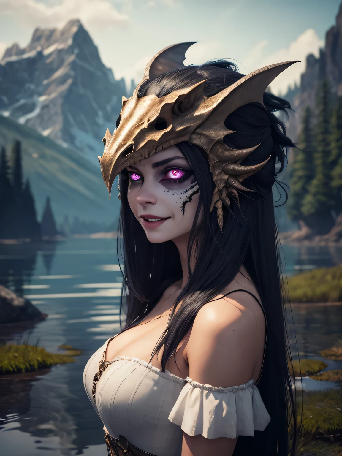 beautiful girl with dragon eyes, Dragon skull-helmet on the head, in a white dress with feathers, violet eyes, black disheveled hair. Fantasy horror atmosphere, realism meets fantasy, portraite of a. Prehistoric world, swamp, rocks, mountains, Lake. beautiody, ultradetail, beatiful face, creepy smile