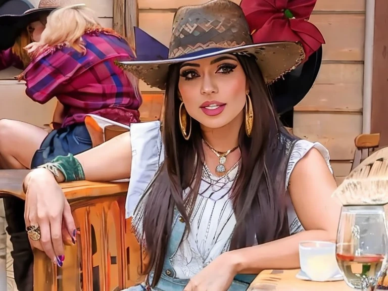 Araffe woman sitting at a table with a glass of wine, 🤠 usando um 🖥, Senhora bonita, with hat, Marischa Becker, Vaqueira, fernanda suarez, wearing a chocker and cute hat, She is wearing a hat, wearing a cowboy hat, linda senhora, espiral, wearing cowboy hat, wearing a straw hat and overalls