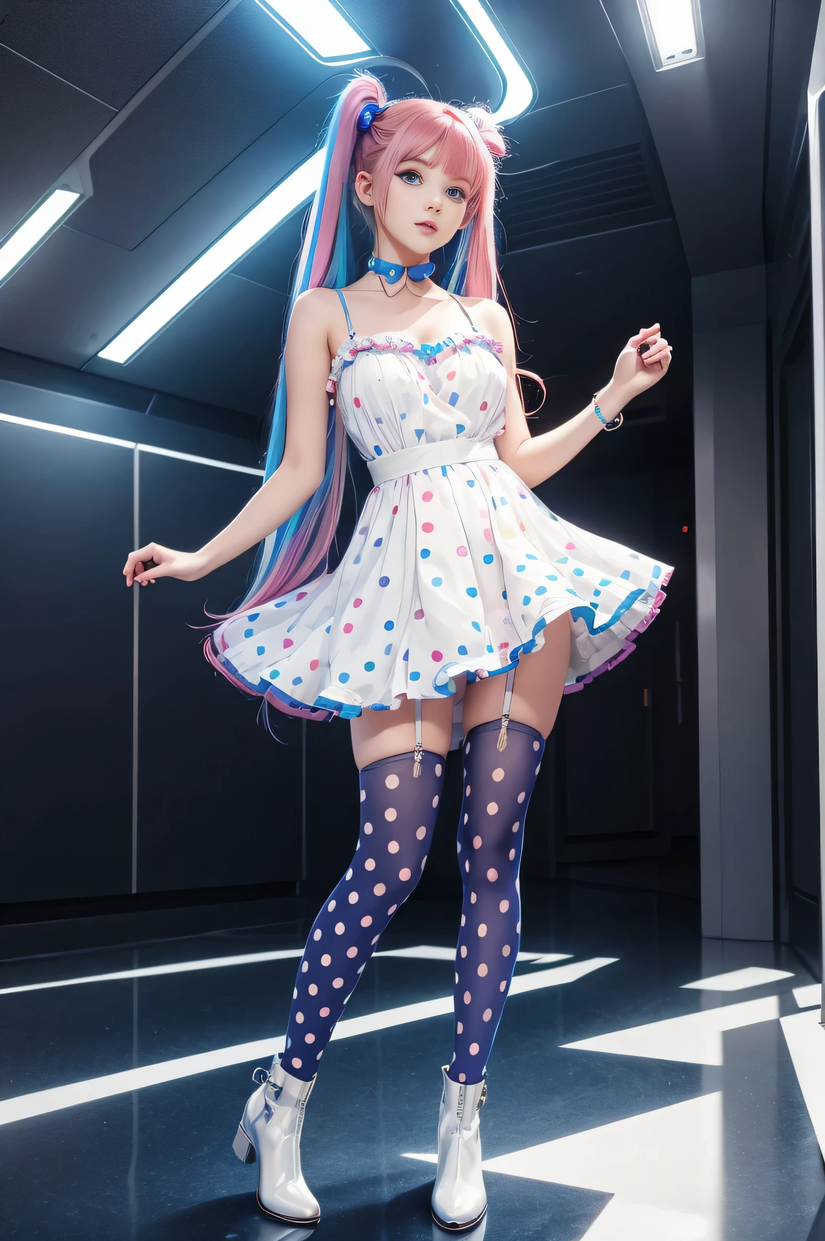 Cute redhead with rainbow colored hair tips, ribbons in her hair, 18-year-old woman, happy, in twin tails, perfect eyes, clear sparkling blue eyes, pale skin, silky smooth skin, standing on a fancy metal luxurious space ship, futuristic corridor, dark warm lighting, wearing a futuristic party dress, pleated (chemise) mini dress (pastel rainbow colors, and polka dots), wearing full body pantyhose, cute short cut booties.