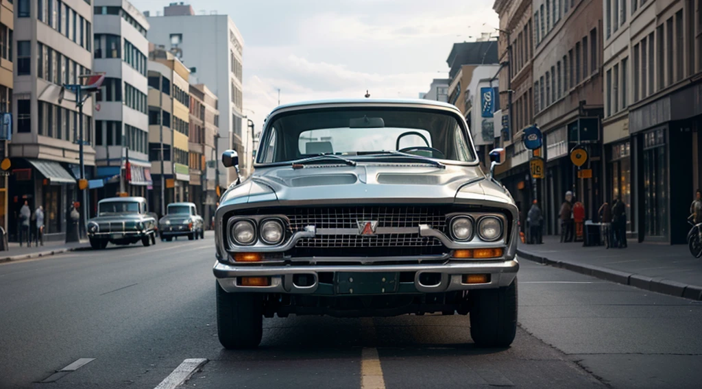 silver truck driving down the street in the city, concept art by Frederik Vermehren, shutterstock, photorealism, kodakchrome : : 8 k, moskvich, vehicle photography, hero shot, 1961”, legendary masterpiece, vintage car, classic car, environmental shot, classic cars, 1962 soviet