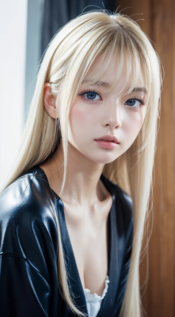 浅笑、natta、Raw photography、(((Portrait of extreme beauty)))、((glistning skin))、1人、11 autiful girl in Prague、((Bright platinum blonde hair))、[bright light blue eyes]、Glossy glossy skin、Silky Super Long Straight Hair、eye liner、Long bangs、Hair between the eyes、Fluttering hair、((​masterpiece、最hightquality、ultra-detailliert、Film Light、intricate-detail、hight resolution、8K、ighly detailed))、细致背景、8K UHD、Digital SLR、Soft light、hightquality、Film grain、富士XT3 、The depth of field is shallow、natural soft light、（No hands）、Kamimei、Sareme、cheek highlights、Gloss Face