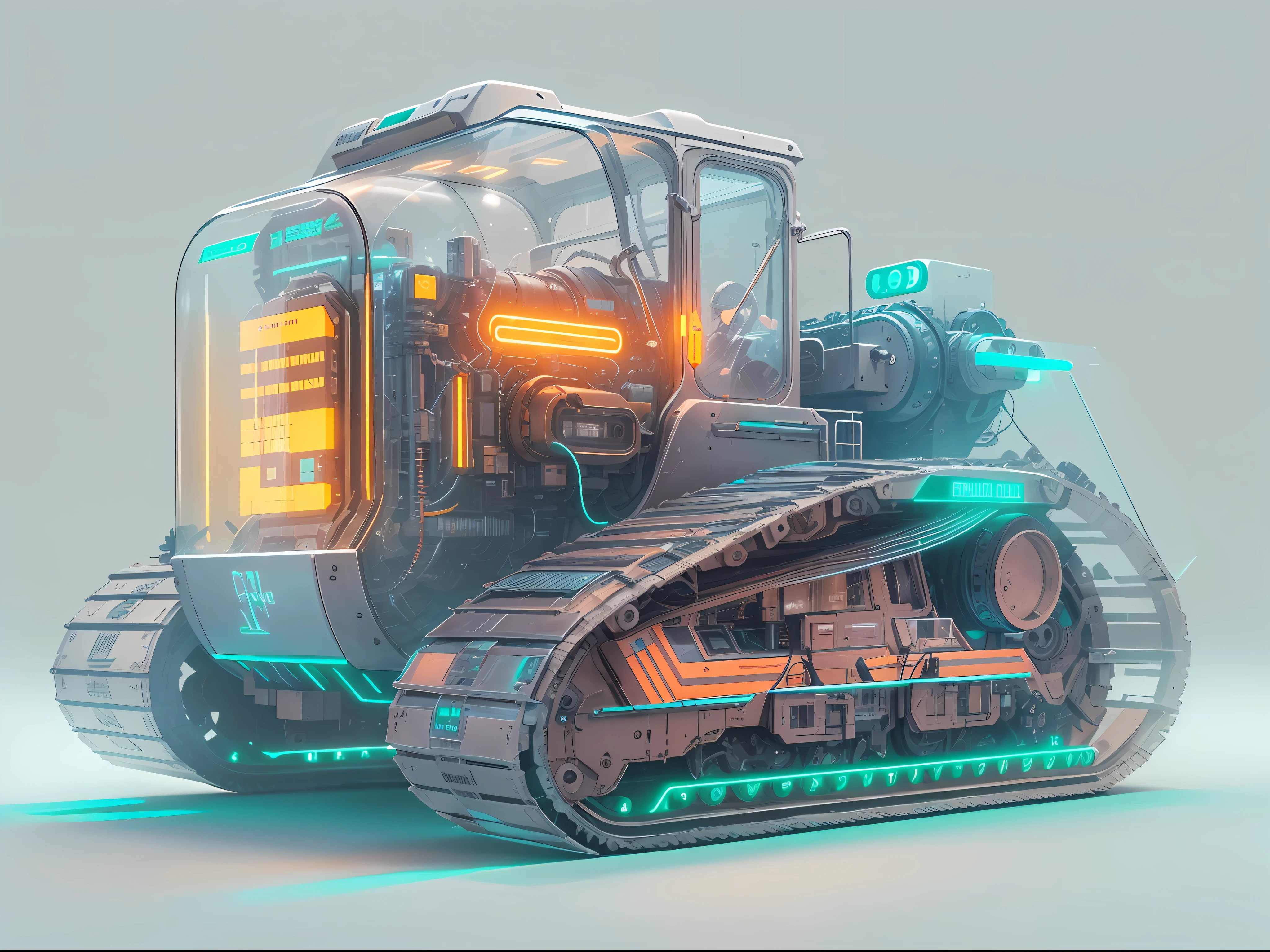 1 transparent dozer, Color transparent plastic, cyber punk perssonage, industrial design, Clean, luminous neon lights, white backgrounid, ultra-realistic realism, hyper HD, high detal, Best quality at best, 4K
