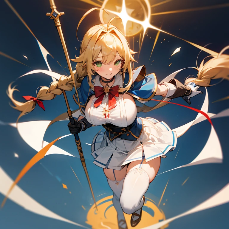 masterpiece,best quality,ultra detailed, 1girl in, Solo, Long hair, breasts, Looking at Viewer, Bangs, Skirt, Blonde hair, big breast background, thighs thighs thighs thighs, gloves, Bow, bow ribbon, Holding, Twin-tailed, Green eyes, Full body, braid, Ahoge, hair Bow, pleated Skirt, frilld, ((twin braids)), white thighs thighs thighs thighs, zettai ryouiki, Capelet, low Twin-tailed, garter strap, white Skirt, Cross,staff,Holding staff, Underbust, blue gloves,absurdly Long hair,Cross-laced clothes,(blue Capelet), Red bow ribbons、Cross choker,Underbust,straplessdress,Cross earrings,Smile,-yeld,(k high socks),white knee-high socks,thighhighs,(sleeveless),messy hair,