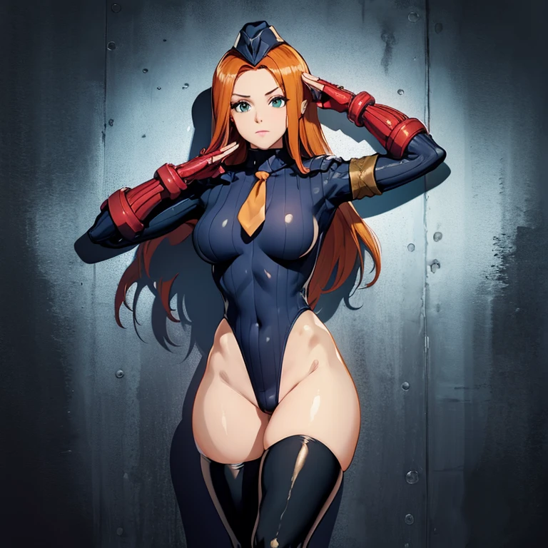 ultra-detailed, Explicit, Beautiful body, Beautiful Nose, Beautiful character design, perfect eyes, perfect face, ultra highres, 4K, beautiful legs, perfect legs, Nice hands, Perfect hand, Masterpiece, Best Quality, Highly detailed, illustration, absurdres, street fighter, doll suit, shadaloo doll, dollsuit, expressionless, blank eyes, looking at viewer, red gloves, emotionless, black latex, corrution, mind control, female combatant, full body, hypnotized, unhappy trance, full body suit, ribbed bodysuit, both arms at side, obey, perfect female body, extremely glossy latex, hypnosis, hypnoLora, empty eyes, Mind control device, poses, submissive_pose, Slave, hat, necktie, stand up straight, standing, standing at attention, hat, necktie, belt, latex, ribbed bodysuit, thighhighs, garter belt, Fighting Stance, extending the right arm from the shoulder into the air with a straightened hand, nazi saluting, military, military saluting, salute, thigh boots, 1girl, Sam, Totally Spies, orange hair, long hair, green eyes