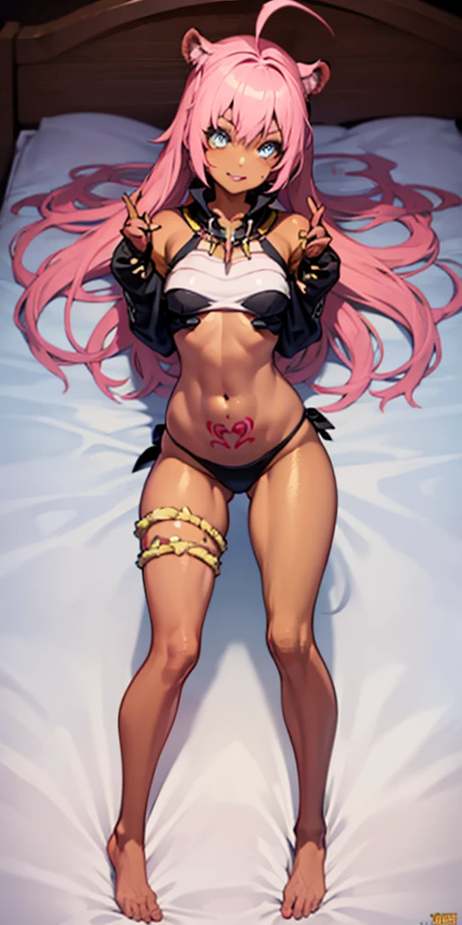 body standing symmetrical beautiful woman, hyper realistic, 1girl, yellow tiger bikini, barefoot, inside bedframe, perfect body, pose, naughty girl, (tatto:1),red slave tatto in stomach, ((1girl:1)), full body, dark skin, human, ((full_body))