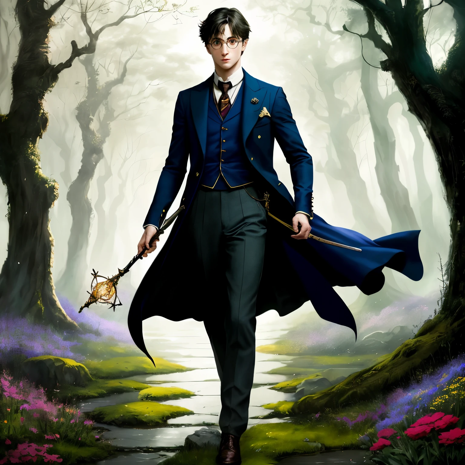 (best quality,4k,8k,highres,masterpiece:1.2),ultra-detailed,(realistic,photorealistic,photo-realistic:1.37),A beautiful girl in a short dress,Harry Potter,emerald eyes,wavy black hair,cute freckles,soft smile,enchanting aura,magical wand,sparkling robe,holding a spellbook,standing in a mystical garden,glistening flowers,sparkling butterflies,floating lanterns,whispering trees,enchanted atmosphere,moonlit sky,vibrant colors,impressive shadows,subtle glow,ethereal lighting.Timeless style, a full-shot body photo of Harry Potter, featuring a model photoshoot style. He stands confidently with his hand on his hip, embodying the persona of a powerful wizard. The artwork is reminiscent of the Victorian age, capturing the essence of a character portrait from the 1890s. Created by artists Artgerm, Greg Rutkowski, and Magali Villeneuve, the artwork has an analog style reminiscent of classic paintings. The composition, inspired by the MDJrny-V4 style, captures Harry from a slightly below perspective, highlighting his perfect male figure. With his handsome, sexy, and hot young man allure, the focus of the painting lies in his detailed face and captivating eyes. The well-defined face exudes a gentlemanly charm. Painted majestically by artists Ed Blinkey, Atey Ghailan, Studio Ghibli, Jeremy Mann, Greg Manchess, and Antonio Moro, the artwork is trending on platforms like ArtStation and CGSociety. The painting showcases intricate details, high detail rendering, sharp focus, and a dramatic, photorealistic style, capturing the magic and allure of Harry Potter in a stunning artistic representation.