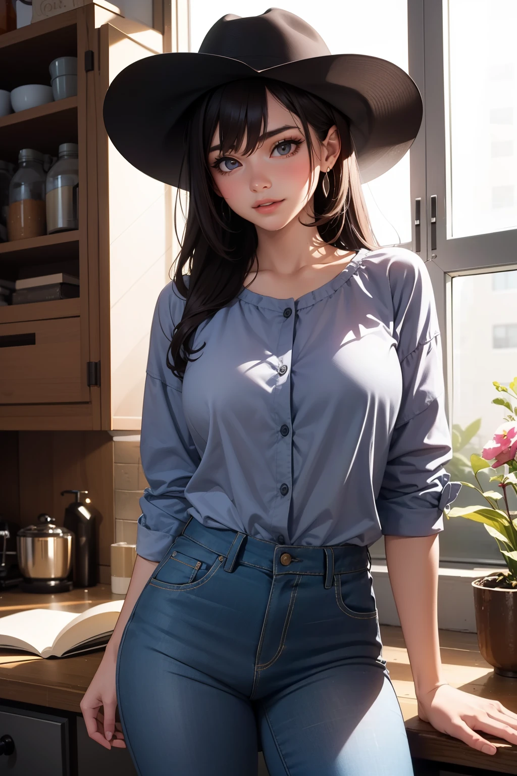 Cowgirl, long gray shirt, open chest, gray cowboy hat, gray panty, burn mark, hair over one eye
