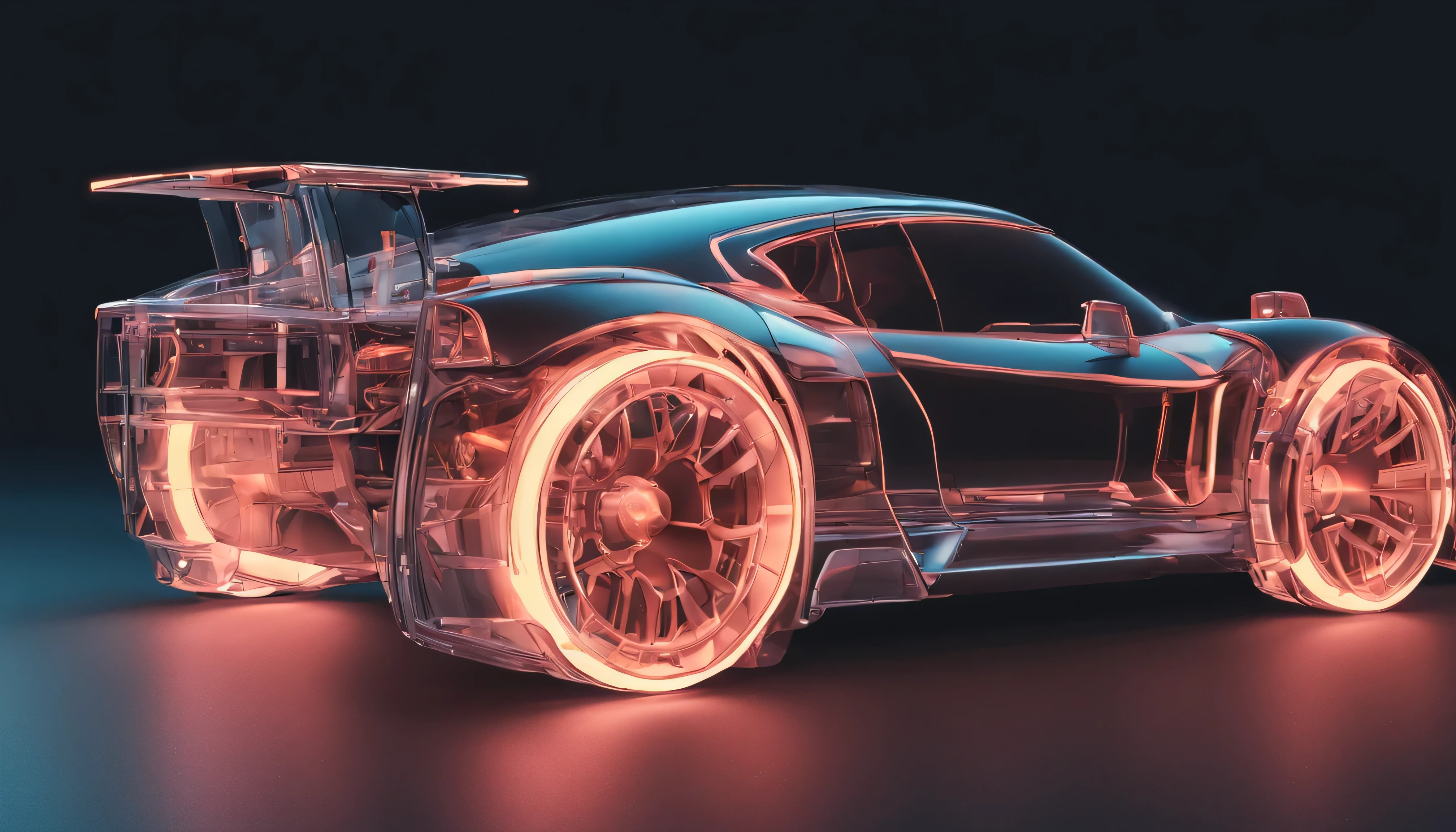 1 transparent car, Color transparent plastic, cyber punk personage, industrial design, Clean, luminous neon lights,  white backgrounid, hyper realisitc, hyper HD, high detal, Best quality, 4K