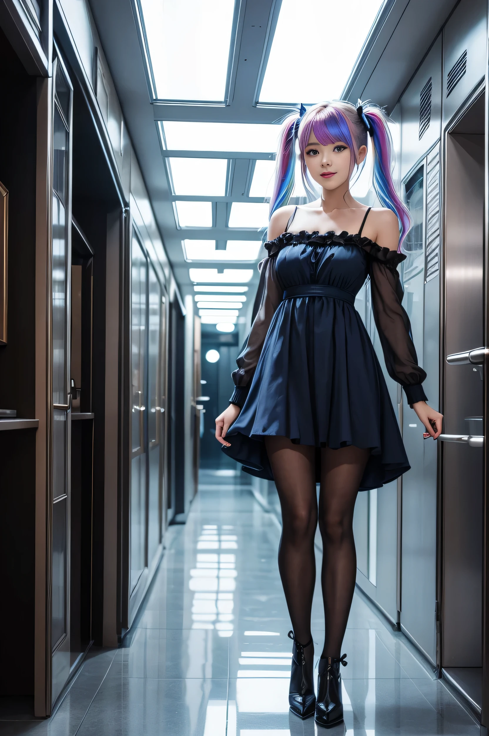 Cute redhead with rainbow colored hair tips, ribbons in her hair, 18-year-old woman, happy, in twin tails, perfect eyes, clear sparkling blue eyes, pale skin, silky smooth skin, standing on a fancy metal luxurious space ship, futuristic corridor, dark warm lighting, wearing a futuristic party dress, pleated (chemise) mini dress (pastel rainbow colors, and polka dots), wearing full body pantyhose, cute short cut booties.