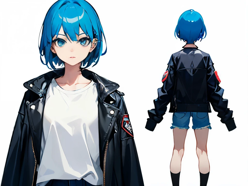 blue hairs,Short hair details,Punk coat,Wear a white shirt,denim pant,blue colored eyes,one-girl,20yr old,with whole body visible,Standing Picture (Single background, white backgrounid: 1.3), multi view, multi view of the same character in the same outfit: 1.3.