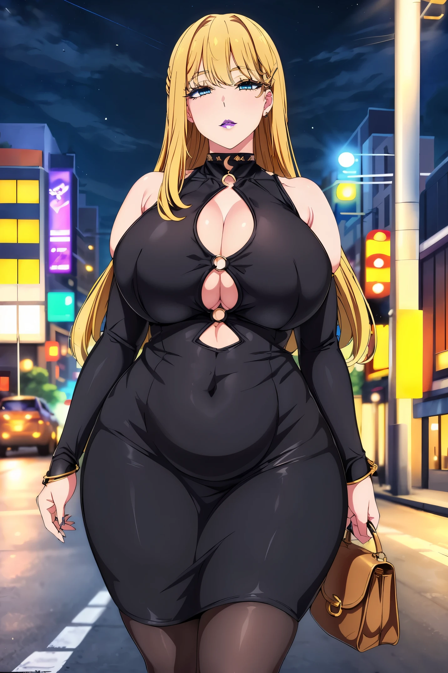 Masterpiece, Best Quality, High Quality:1.4), (professional artwork, extremely detailed girl:1.0), 8k, detailed eyes, perfect face, 1girl, yellow hair, (voluptuous, mature female, plump, large lips:1.2), wide hips, thick thighs, cleavage, heavy makeup, top heavy, bursting breasts:1.4), (skindentation) long eyelashes, dark eyeshadow, close up, (black lipstick:1.2), yellow hair, blue eyes, long hair, light smile, bare shoulders, (bodycon:1.2), (microdress:1.2), miniskirt, o-rings, cameltoe, navel, on road, night city, crowd, (public:1.2), handbag,