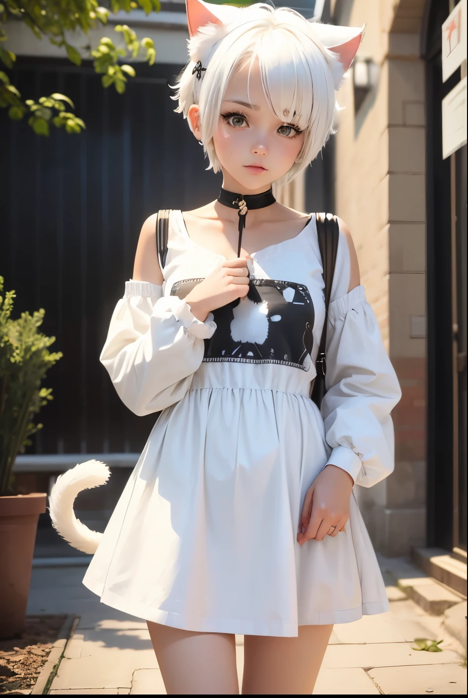 cute girl, girl with short white hair, cat ears, cat tail, White clothes, white cat