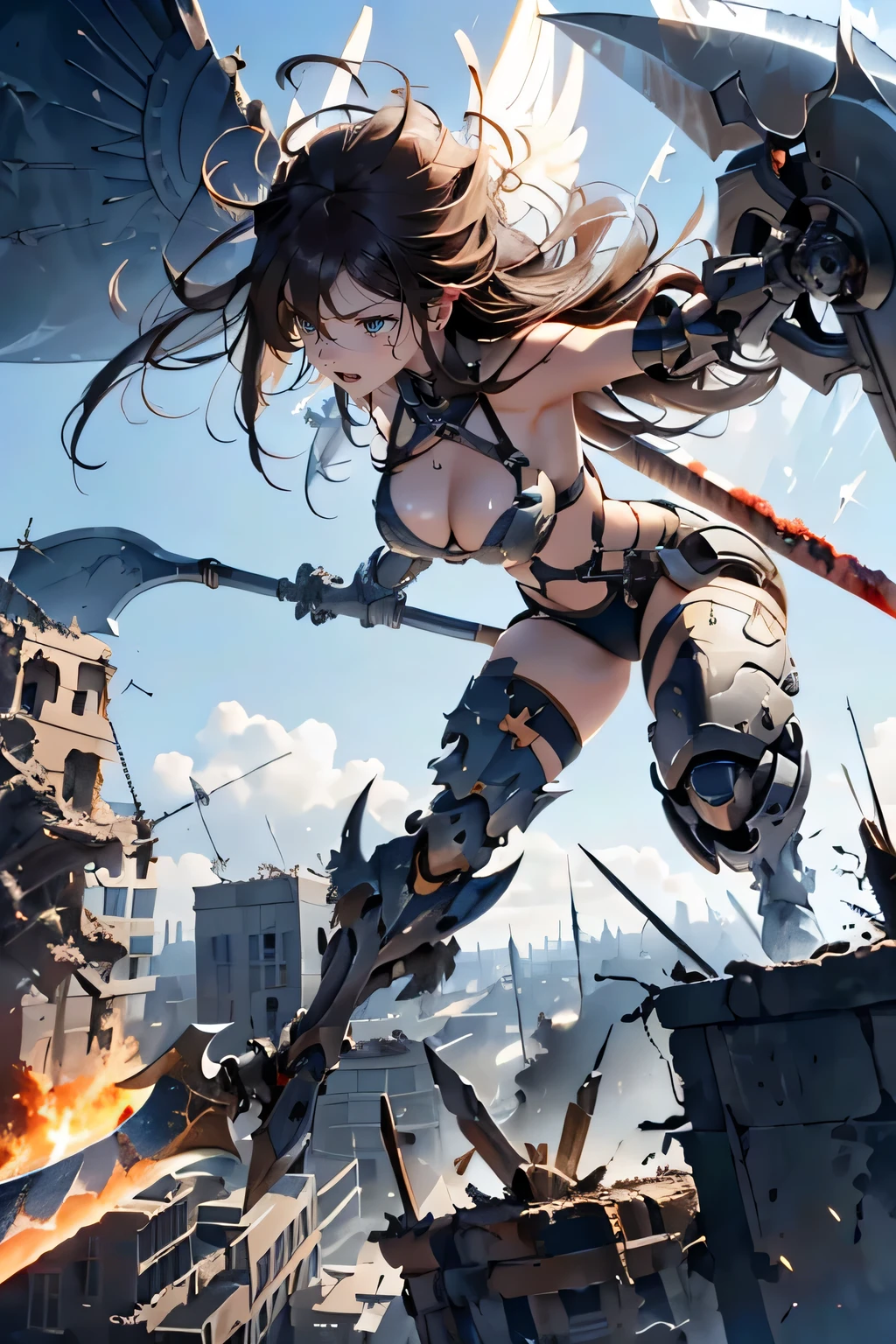 ((battle))), detailed face, angle from below, (((mechanical, complex body, she attacks using a giant axe against the huge god's weapon))), drooping eyes, sleepy face, open legs, small breasts, (thin thighs), ((halo)), (flying above the city), flame, ((destroying the city)),